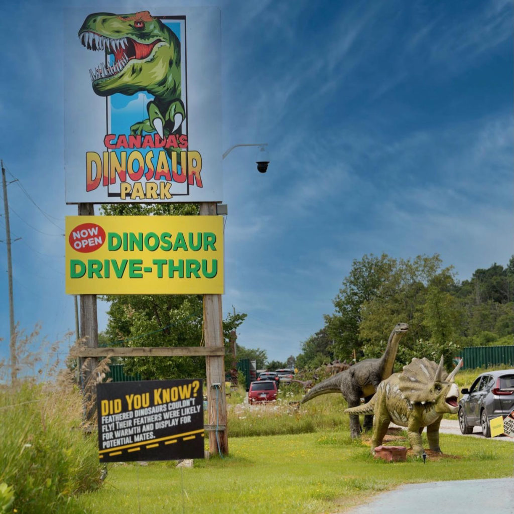 canada's dinosaur drive thru sign at the front entrance of the park