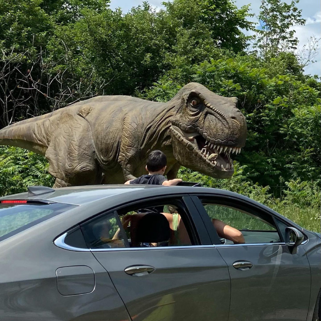 t-rex hovering over people in a grey car